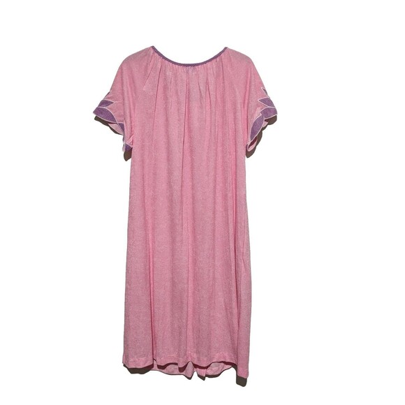 Vintage Terry Housecoat Lounger Robe Snap Front with Tie Neck 70s Pink Purple M - Picture 2 of 4